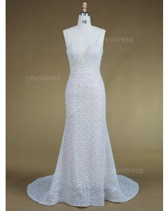 Newest Style 2025 Spaghetti Strap V Neckline Detachable Train Mermaid Wedding Dresses Overlace with Beads
