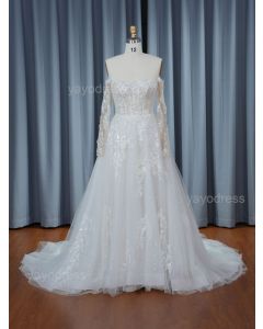 2025 Long Sleeves Off Shoulder Illusion Bodice Adorn with Dimensional Lace Applique A Line Wedding Dress