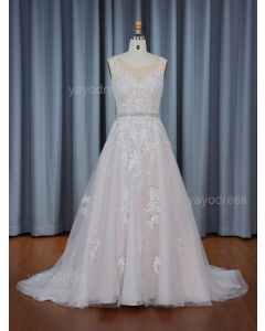 2025 Version Round Neckline Sleeveless  Modern Style A Line Bridal Dress with Belt encrusted on Crystal and Preal