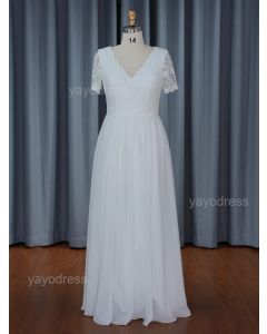 2025 Plain Version Chiffon Fabric Bridal Dress with V Neckline Shorts Sleeves A Line Wedding Dress